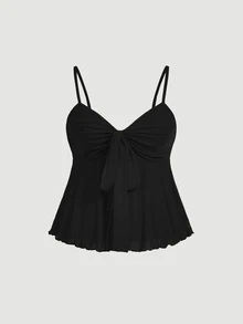 SHEIN MOD Plus Size Black Valentine's Day Mesh Camisole, Bow Strap Tea Party Vacation Vacation Summer Elegant - Black - View 2