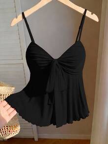 SHEIN MOD Plus Size Black Valentine's Day Mesh Camisole, Bow Strap Tea Party Vacation Vacation Summer Elegant - Black - View 9