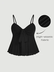 SHEIN MOD Plus Size Black Valentine's Day Mesh Camisole, Bow Strap Tea Party Vacation Vacation Summer Elegant - Black - View 7