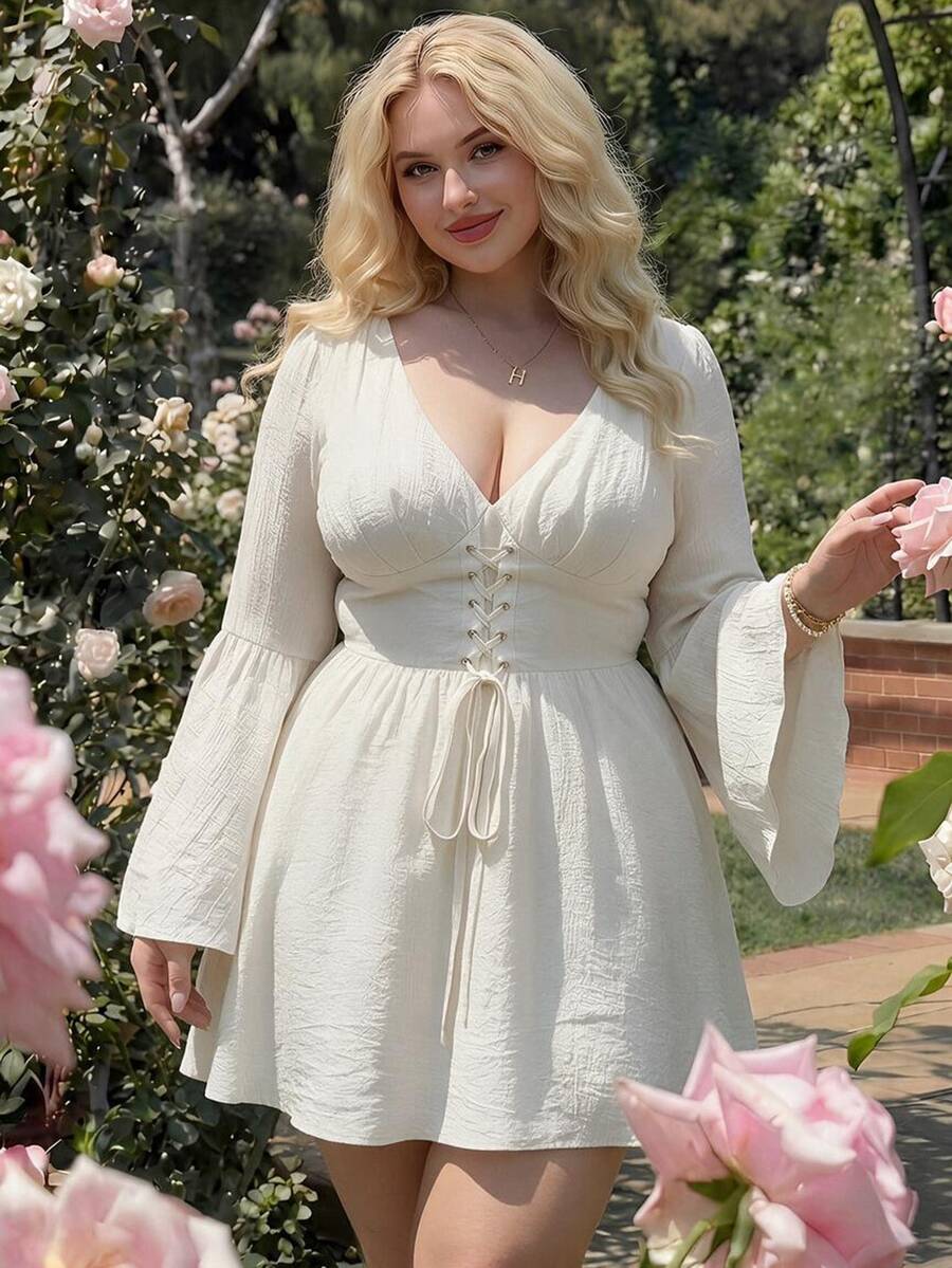 SHEIN MOD Plus Size Formal Dress, Ball Gown With Sleeves, Flare Sleeve Waist Belt Dress For Women