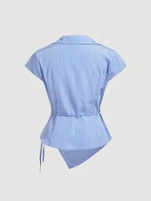 SHEIN MOD 大尺碼女款夏季休閒條紋繫帶不對稱下擺襯衫，夏季、優雅、通勤、經典、學院風、返校季、正裝襯衫、藍色條紋 - 藍白色 - 查看 3