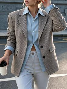 SHEIN Women's New Retro Brown Plaid Slim Fit Blazer A Versatile, Fashionable Staple Perfect For Daily Commuting And Casual Wear;Suitable For Fall/Winter. - Coffee Brown - View 5
