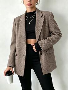 SHEIN Women's New Retro Brown Plaid Slim Fit Blazer A Versatile, Fashionable Staple Perfect For Daily Commuting And Casual Wear;Suitable For Fall/Winter. - Coffee Brown - View 8