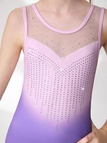 SHEIN Tween Girls Gymnastics Leotard Shorts Set, Cute Printed Rhinestone Decor, Athletic Sports Competition Gym Dance Fall Purple Pink And Purple Striped - Multicolor - View 6