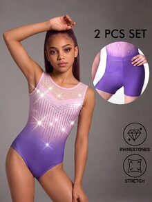 SHEIN Tween Girls Gymnastics Leotard Shorts Set, Cute Printed Rhinestone Decor, Athletic Sports Competition Gym Dance Fall Purple Pink And Purple Striped - Multicolor - View 1