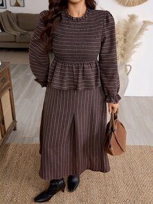 SHEIN VCAY 大尺碼女款條紋百褶長袖上衣與裙子休閒優雅兩件套，適合秋季派對、早午餐、辦公室穿著 - 棕色 - 查看 1