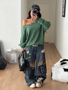 Coolane Women's Eyelet Decor Asymmetrical Shoulder Casual Streetwear Versatile Everyday Daily Work Night Out Going Out Sweatshirt Olive Green Fall - Green - View 7