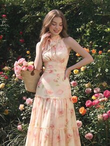 SHEIN MOD فستان نسائي بطبعة وردة برقبة معلقة بدون أكمام مجعد بطبقات وردي - أسلوب أنثوي حلو؛ مثالي للعطلات والحفلات والمواعيد وملابس الخريف - متعدد الألوان - مشاهدة 2
