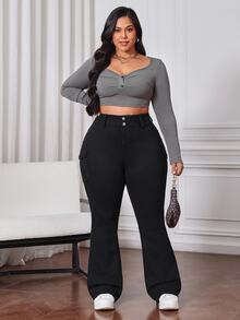SHEIN CURVE+ Plus Size Women Black Denim Flare Jeans Summer Clothes Formal Brunch Casual - Black - View 6