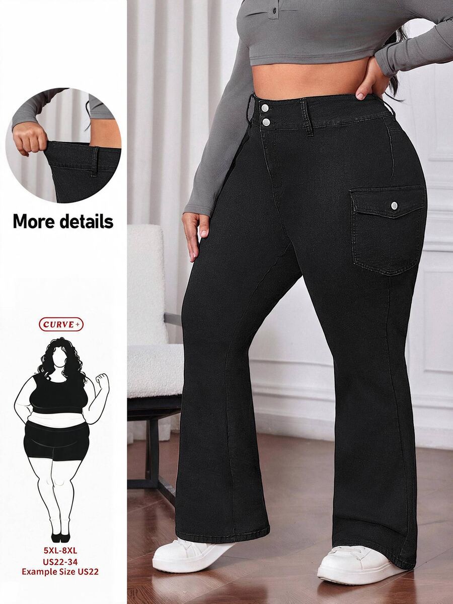 SHEIN CURVE+ Plus Size Women Black Denim Flare Jeans Summer Clothes Formal Brunch Casual - Black - View 1
