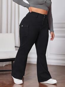 SHEIN CURVE+ Plus Size Women Black Denim Flare Jeans Summer Clothes Formal Brunch Casual - Black - View 5