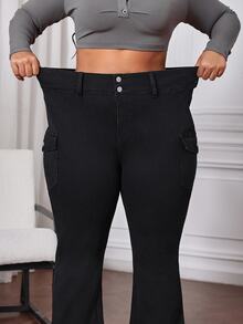 SHEIN CURVE+ Plus Size Women Black Denim Flare Jeans Summer Clothes Formal Brunch Casual - Black - View 3