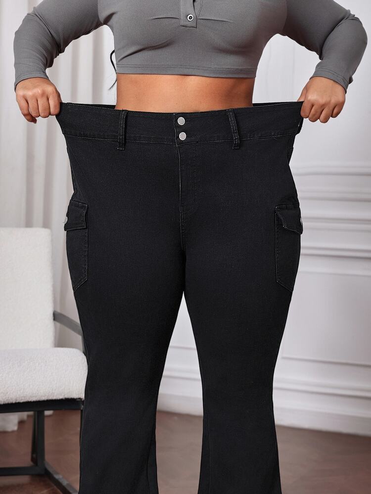 SHEIN CURVE+ Plus Size Women Black Denim Flare Jeans Summer Clothes Formal Brunch Casual - Black - View 3