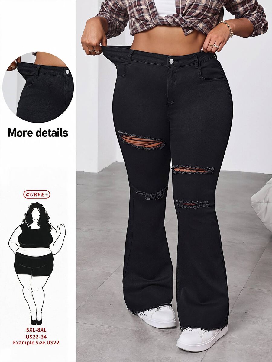 SHEIN CURVE+ 大尺碼黑色牛仔褲,破洞緊身喇叭牛仔褲,舒適高彈力丹寧布附口袋,休閒工裝風度假夜店秋季穿搭 - 黑色 - 查看 1