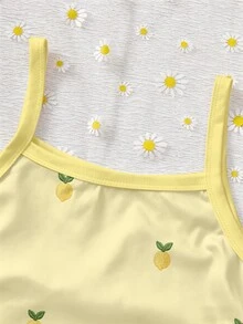 SHEIN Sparklyn Lemon Print Camisole With Soft Texture And Fresh Vibe, Clean Shoulder Strap Lines, Lively Cute Lemon Embroidery Vacation Summer Casual Light Yellow - Yellow - View 5