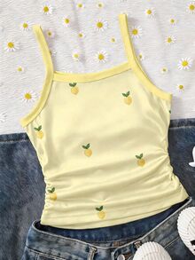 SHEIN Sparklyn Lemon Print Camisole With Soft Texture And Fresh Vibe, Clean Shoulder Strap Lines, Lively Cute Lemon Embroidery Vacation Summer Casual Light Yellow - Yellow - View 1