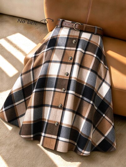 GlowEve CURVE Plus Size Women's Vintage Plaid Skirt, Brushed Fabric, Suitable For Autumn/Winter