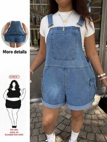 SHEIN CURVE+ 大尺碼女款海軍藍夏季休閒可愛寬鬆登山牛仔吊帶短褲，時尚翻蓋口袋連身褲，適合海邊外出度假 - 中等水洗藍 - 查看 1
