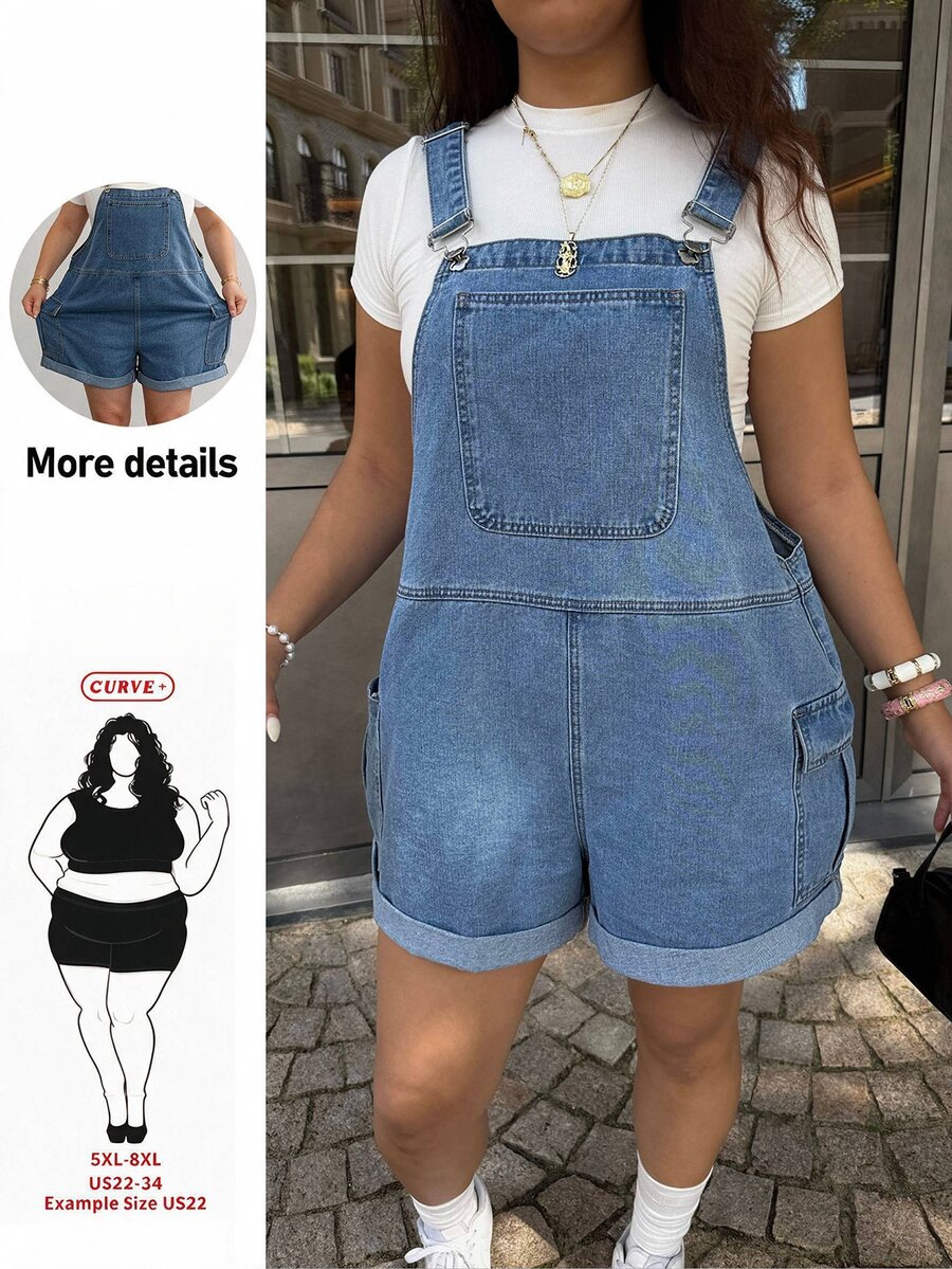 SHEIN CURVE+ 大尺碼女款海軍藍夏季休閒可愛寬鬆登山牛仔吊帶短褲,時尚翻蓋口袋連身褲,適合海邊外出度假 - 中等水洗藍 - 查看 1