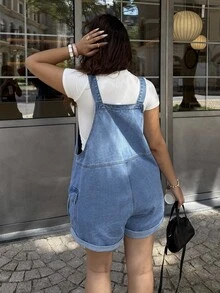 SHEIN CURVE+ 大尺碼女款海軍藍夏季休閒可愛寬鬆登山牛仔吊帶短褲，時尚翻蓋口袋連身褲，適合海邊外出度假 - 中等水洗藍 - 查看 8