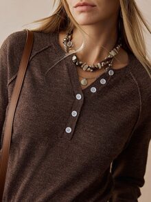 Florisole Vintage Knitted Sweater, Loose Casual Women Pullover Sweater Top With Buttons, Autumn/Winter - Coffee Brown - View 4