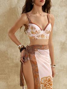 Florisole 2025 Women's New Vintage Paisley Elegant Backless Vacation Style 3 Pieces Swimwear With Skirt - Multicolor - View 4