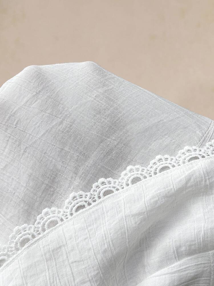 Florisole Women's Romantic Boho Vacation Wavy Collar Patchwork Lace V-Neck Solid Color Blouse, Spring/Summer All White Casual Spring Fall For Women - White - View 7