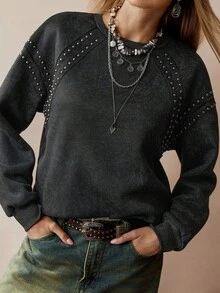 Florisole Women's Elegant Casual Studded Faux Distressed Print Sweatshirt Daily Casual - Dark Grey - View 3