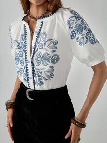Florisole Women's Boho Vintage Totem Printed Shell Embroidered Loose White Short Sleeve Shirt - Blue and White - View 4