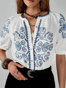 Florisole Women's Boho Vintage Totem Printed Shell Embroidered Loose White Short Sleeve Shirt - Blue and White - View 3