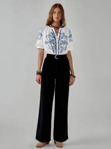 Florisole Women's Boho Vintage Totem Printed Shell Embroidered Loose White Short Sleeve Shirt - Blue and White - View 5