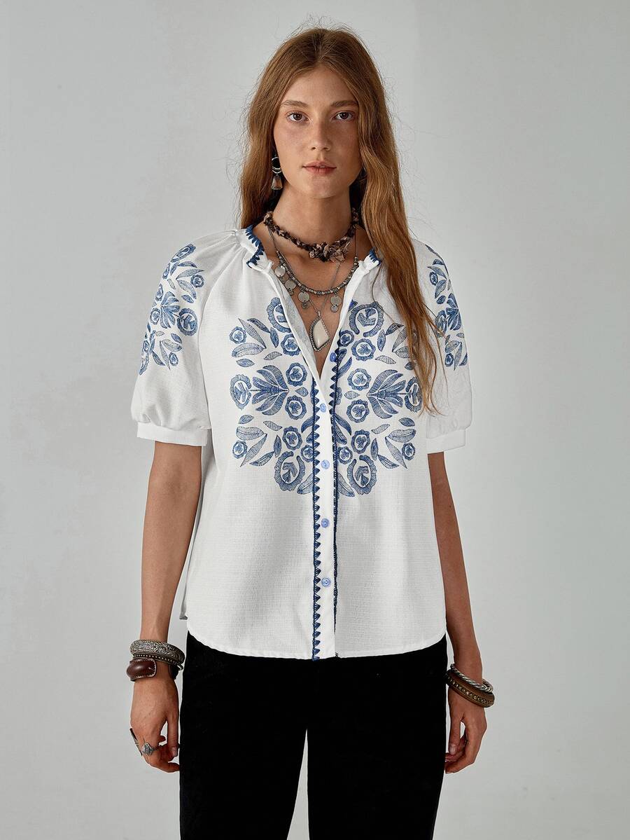 Florisole Women's Boho Vintage Totem Printed Shell Embroidered Loose White Short Sleeve Shirt - Blue and White - View 1