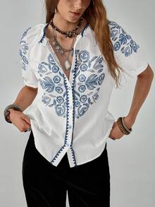 Florisole Women's Boho Vintage Totem Printed Shell Embroidered Loose White Short Sleeve Shirt - Blue and White - View 6