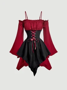 SHEIN MOD Asymmetrical Hem Flare Sleeve Off Shoulder Red And Black Short Dress Halloween Photoshoot Date Autumn Cottagecore - Red and Black - View 3