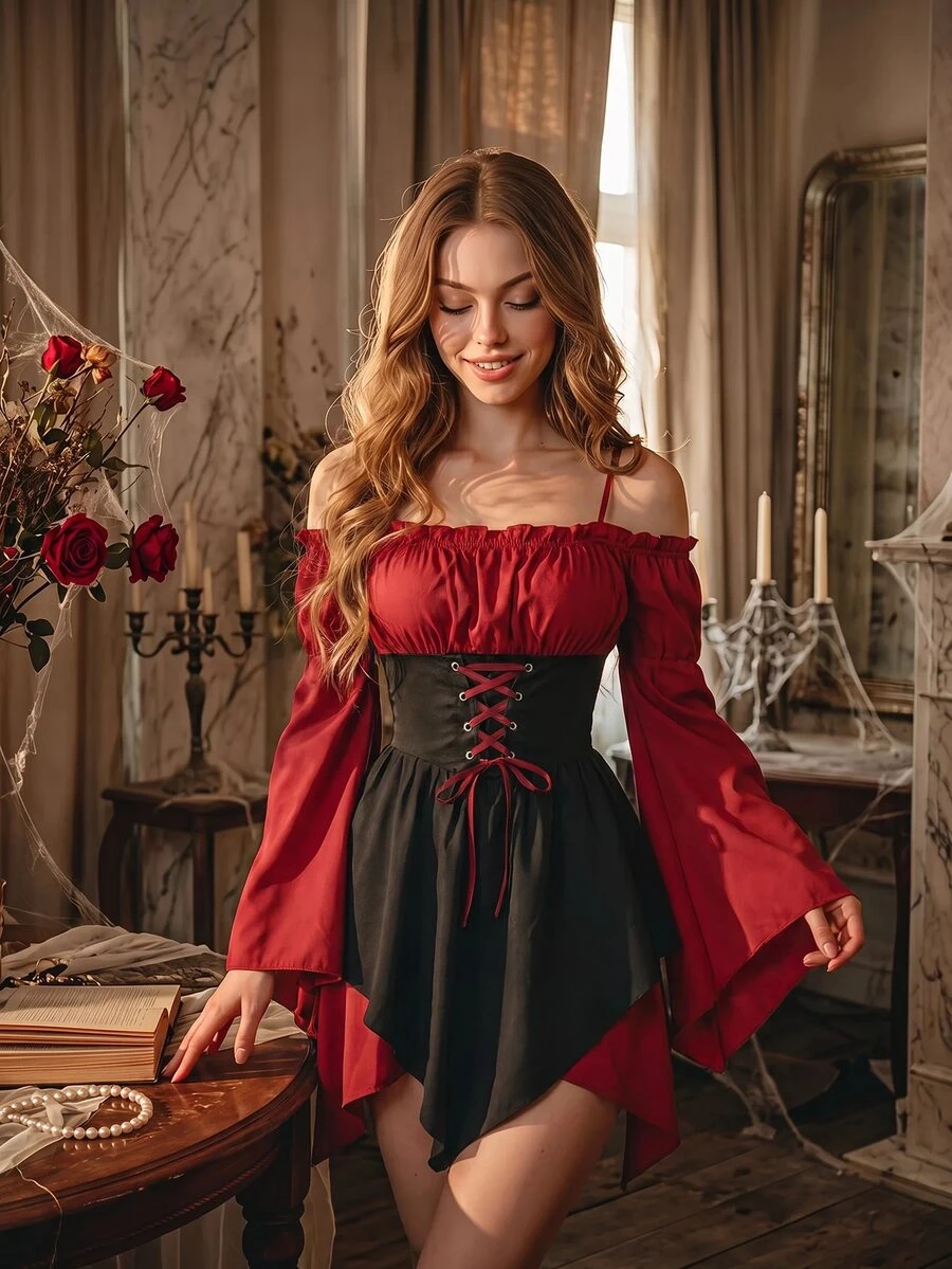 SHEIN MOD Asymmetrical Hem Flare Sleeve Off Shoulder Red And Black Short Dress Halloween Photoshoot Date Autumn Cottagecore - Red and Black - View 1