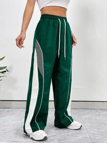 StreetHx Women's Dark Green Summer Baggy Gym Sweatpants,Drawstring Waist Pocket Patchwork Side Stripe Straight Leg Loose Pants,Spring Autumn Casual Daily Wear - Green - View 6