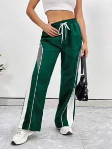 StreetHx Women's Dark Green Summer Baggy Gym Sweatpants,Drawstring Waist Pocket Patchwork Side Stripe Straight Leg Loose Pants,Spring Autumn Casual Daily Wear - Green - View 5