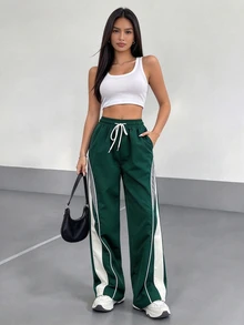 StreetHx Women's Dark Green Summer Baggy Gym Sweatpants,Drawstring Waist Pocket Patchwork Side Stripe Straight Leg Loose Pants,Spring Autumn Casual Daily Wear - Green - View 7