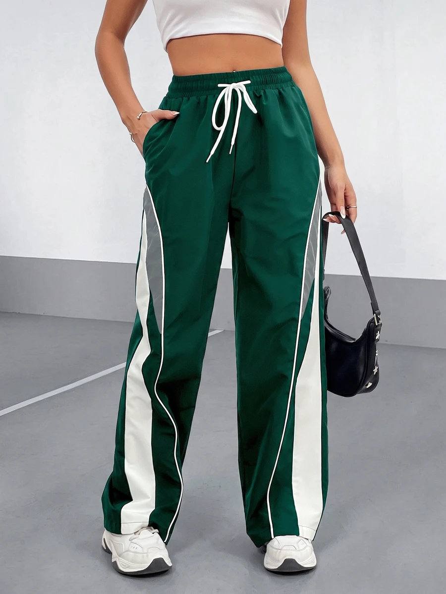 StreetHx Women's Dark Green Summer Baggy Gym Sweatpants,Drawstring Waist Pocket Patchwork Side Stripe Straight Leg Loose Pants,Spring Autumn Casual Daily Wear - Green - View 1