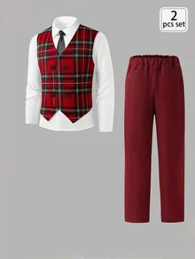 SHEIN 男童聖誕英倫復古80年代正裝紅色格紋V領雙排扣背心搭配紅長褲2件套，適合秋季派對、家庭新年、婚禮宴會 - 紅色 - 查看 5