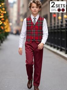 SHEIN 男童聖誕英倫復古80年代正裝紅色格紋V領雙排扣背心搭配紅長褲2件套，適合秋季派對、家庭新年、婚禮宴會 - 紅色 - 查看 1