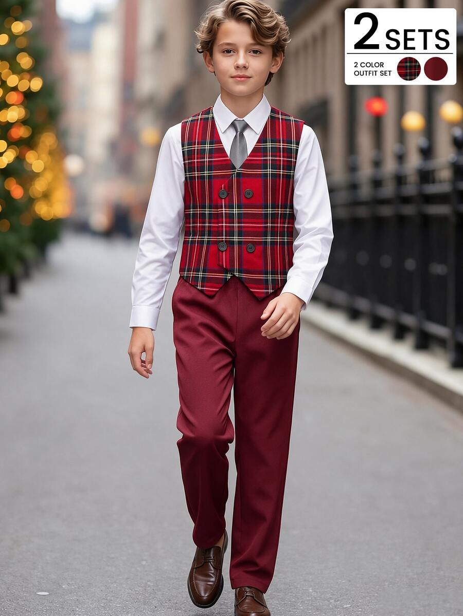 SHEIN 男童聖誕英倫復古80年代正裝紅色格紋V領雙排扣背心搭配紅長褲2件套,適合秋季派對、家庭新年、婚禮宴會 - 紅色 - 查看 1