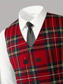 SHEIN 男童聖誕英倫復古80年代正裝紅色格紋V領雙排扣背心搭配紅長褲2件套，適合秋季派對、家庭新年、婚禮宴會 - 紅色 - 查看 6