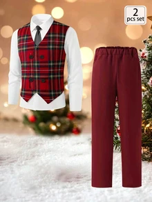 SHEIN 男童聖誕英倫復古80年代正裝紅色格紋V領雙排扣背心搭配紅長褲2件套，適合秋季派對、家庭新年、婚禮宴會 - 紅色 - 查看 3