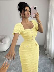 Elenzga 新款方领短袖针织中长连衣裙，优雅百搭修身剪裁，适合女性穿着 - 黃色 - 查看 6