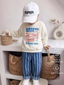 SHEIN 2pcs/Set Young Boy Cute White Autumn Sweatshirt & Blue Denim Tracksuit,Back-To-School Summer School, Kids - Multicolor - View 1