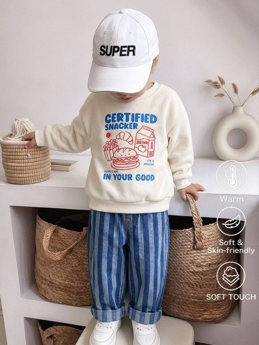 SHEIN 2pcs/Set Young Boy Cute White Autumn Sweatshirt & Blue Denim Tracksuit,Back-To-School Summer School, Kids - Multicolor - View 1