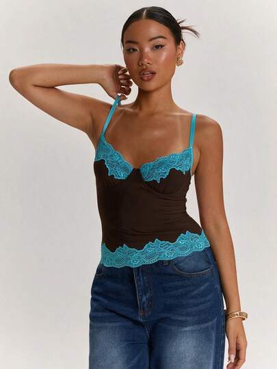SHEIN BAE Spring/Summer Sexy Casual Leopard Print Tropical Floral Lace Patchwork Camisole Top, Leopard Print Fitted Bustier Suitable For Casual Outings, Hot Girl Style, Music Festival, Carnival Party, Beach Top, Camisole Bustier, Bohemian Top, Going Out Top