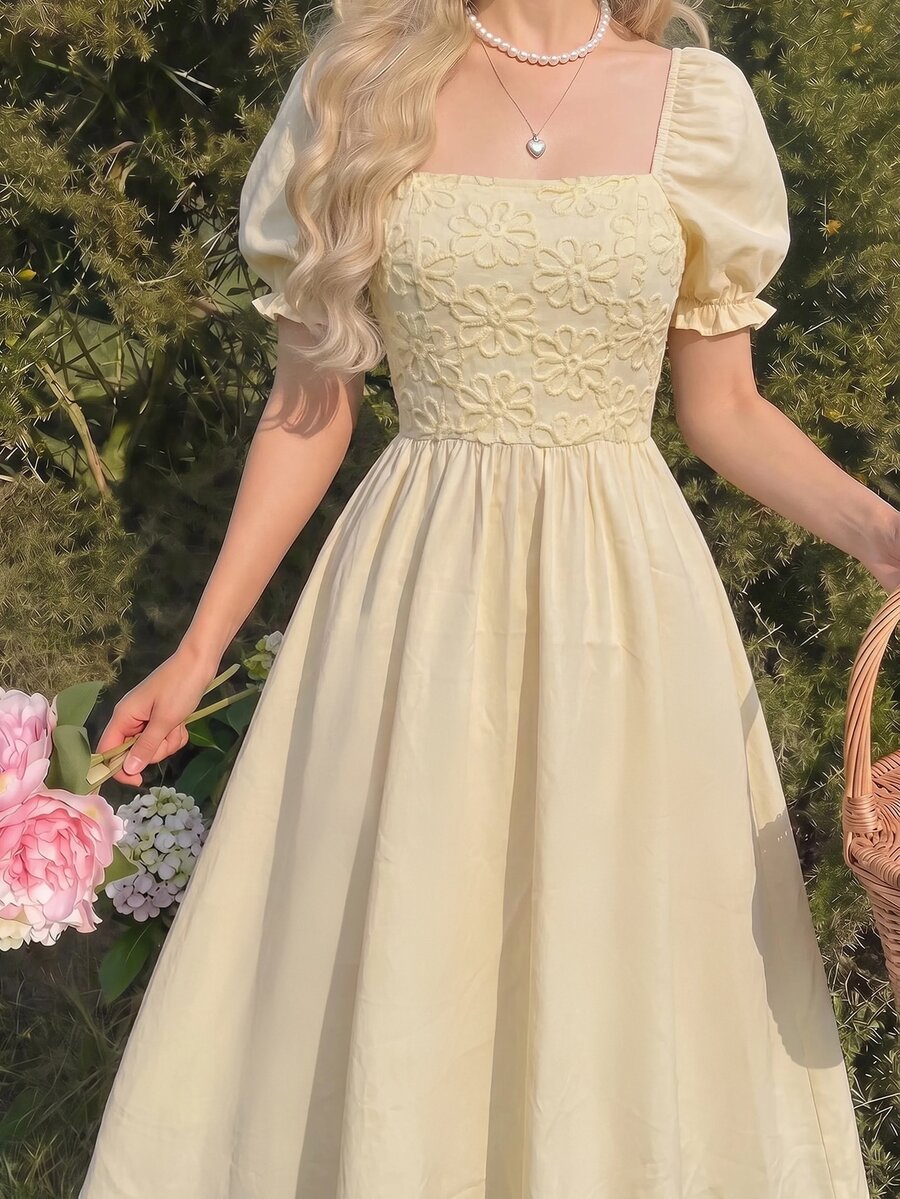 SHEIN MOD Cream Petal Sleeve Lace Bodice Satin Midi Dress Picnic Garden Party Tea Party Summer Cottagecore Flowy - Apricot - View 1