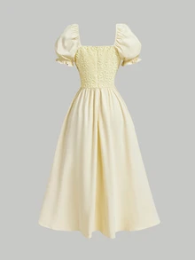 SHEIN MOD Cream Petal Sleeve Lace Bodice Satin Midi Dress Picnic Garden Party Tea Party Summer Cottagecore Flowy - Apricot - View 3